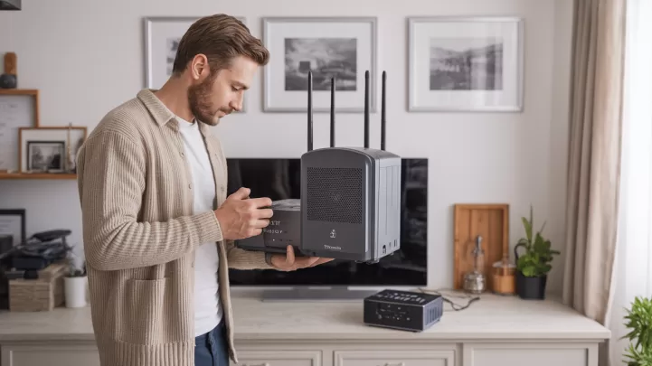 Evdeki modem ve ağ kurulumunu temsil eden modern çalışma masası