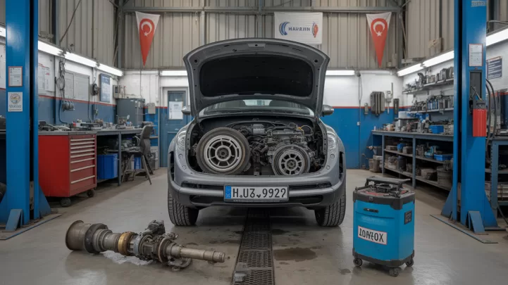 Bir otomobilin marş motoru değişim işlemi sırasında kullanılan teknik ekipmanlar ve motor bölümü.