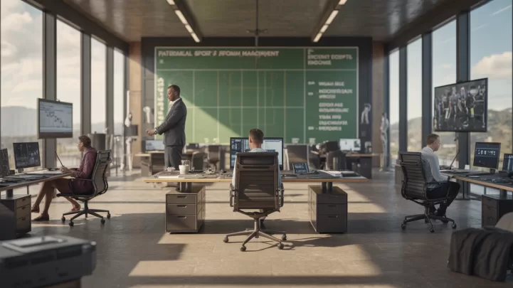 Modern bir ofis ortamında futbol analitiği ve transfer stratejisi çalışılan bir çalışma alanı.